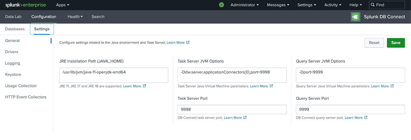 Splunk DB Connect settings page showing Java Home configuration - Zoomed
