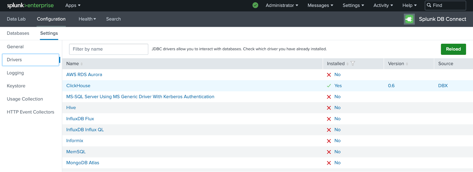 Splunk DB Connect drivers page showing ClickHouse driver successfully installed - Zoomed
