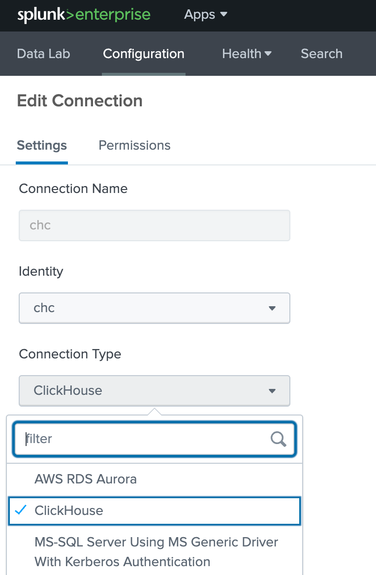 Splunk DB Connect new connection button - Zoomed