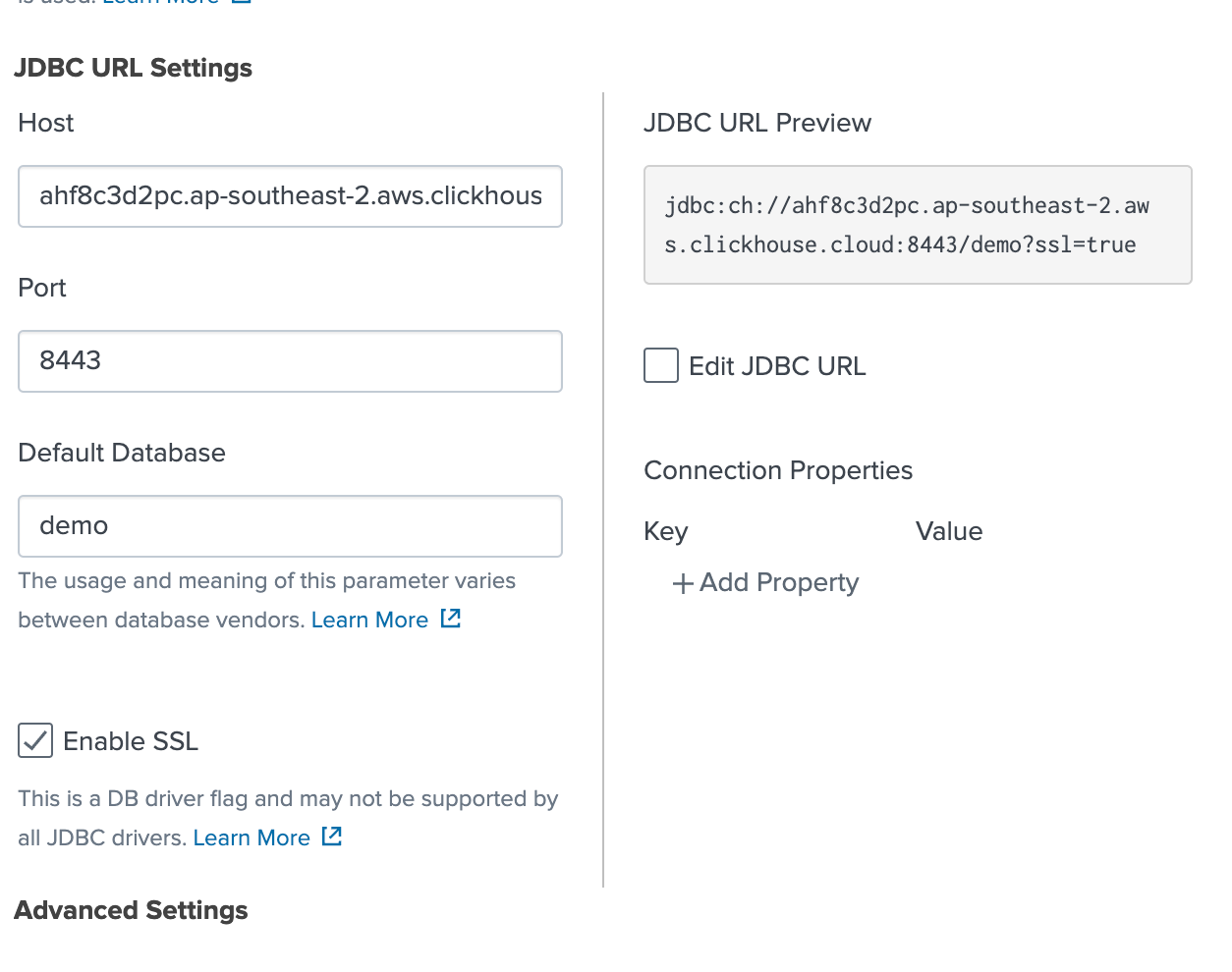 Splunk connection configuration page for ClickHouse - Zoomed