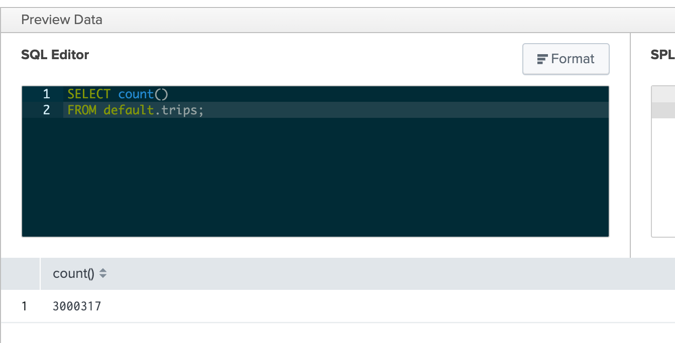 Splunk SQL query execution showing count of records in trips table - Zoomed